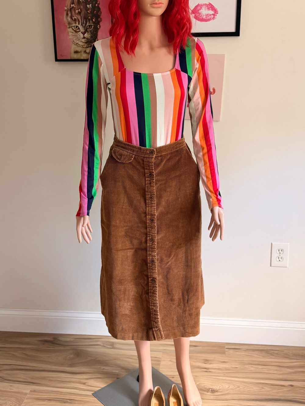 True 1970s  Vintage, The Villager Brown Corduroy Midi Skirt